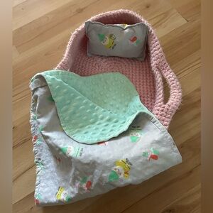 Handmade Baby Doll Carrier with Matching Pillow & Minky Blanket - 2 Styles